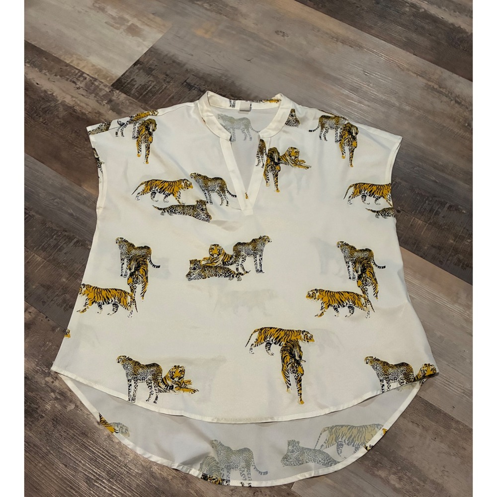 Womens Large Tiger Leopard Print Sleeveless Blouse Cream V-Neck Top Animal